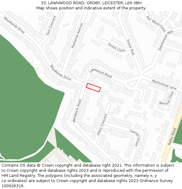 33, LAWNWOOD ROAD, GROBY, LEICESTER, LE6 0BH: Location map and indicative extent of plot