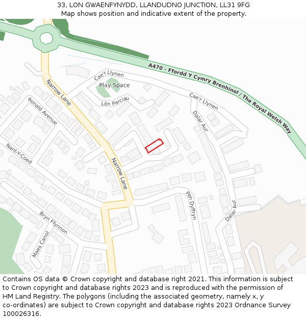 33, LON GWAENFYNYDD, LLANDUDNO JUNCTION, LL31 9FG: Location map and indicative extent of plot