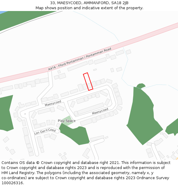 33, MAESYCOED, AMMANFORD, SA18 2JB: Location map and indicative extent of plot