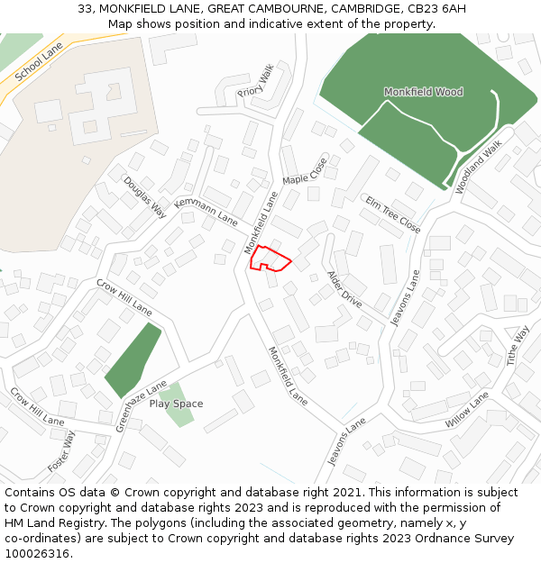 33, MONKFIELD LANE, GREAT CAMBOURNE, CAMBRIDGE, CB23 6AH: Location map and indicative extent of plot