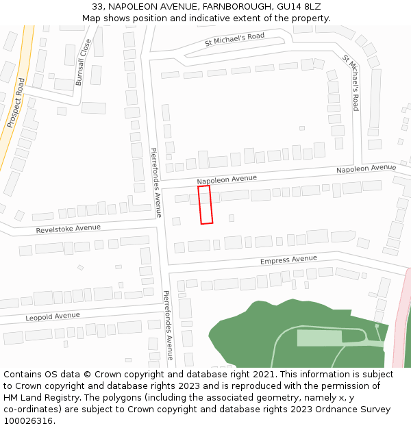 33, NAPOLEON AVENUE, FARNBOROUGH, GU14 8LZ: Location map and indicative extent of plot