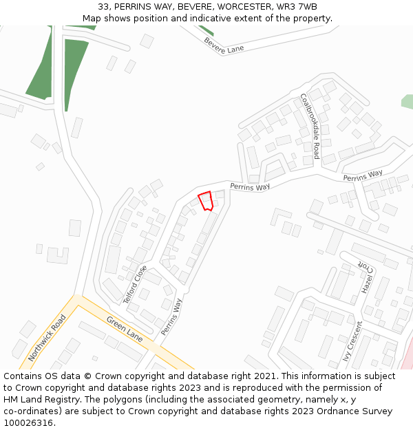 33, PERRINS WAY, BEVERE, WORCESTER, WR3 7WB: Location map and indicative extent of plot