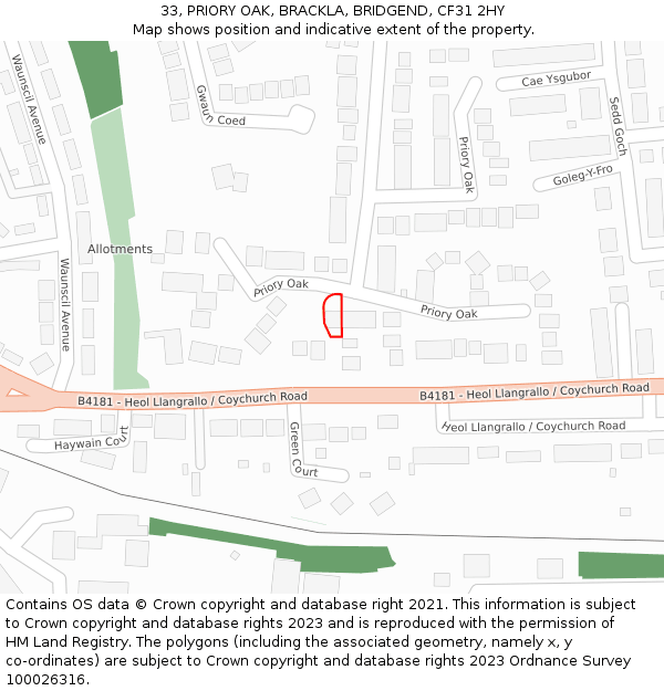 33, PRIORY OAK, BRACKLA, BRIDGEND, CF31 2HY: Location map and indicative extent of plot