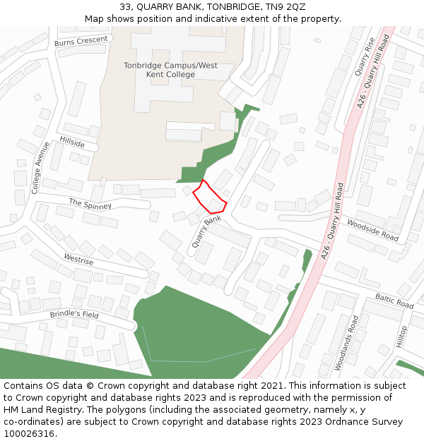 33, QUARRY BANK, TONBRIDGE, TN9 2QZ: Location map and indicative extent of plot