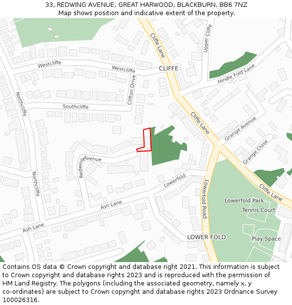 33, REDWING AVENUE, GREAT HARWOOD, BLACKBURN, BB6 7NZ: Location map and indicative extent of plot