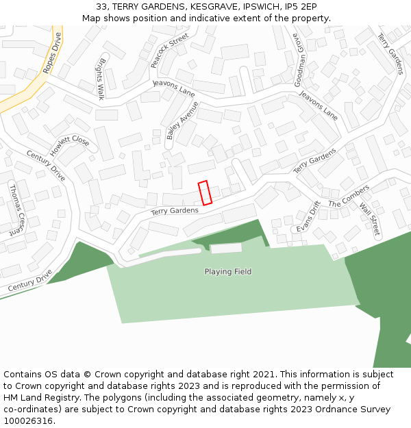 33, TERRY GARDENS, KESGRAVE, IPSWICH, IP5 2EP: Location map and indicative extent of plot