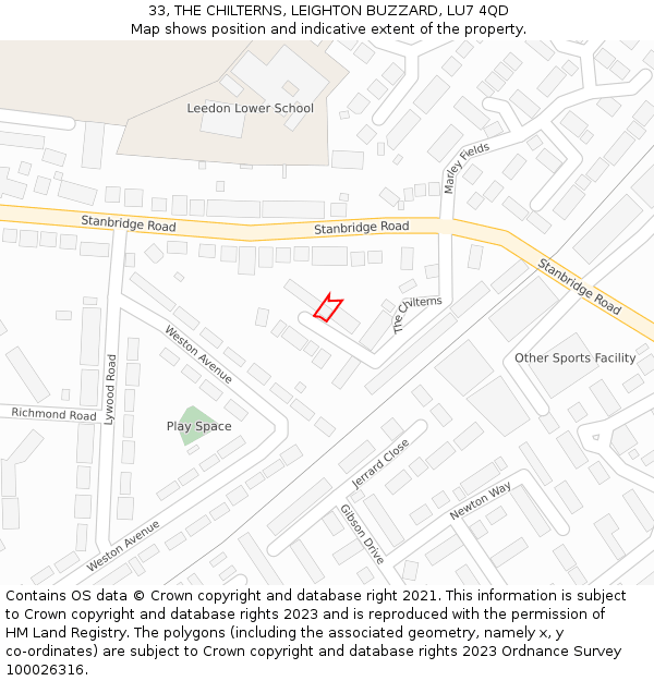 33, THE CHILTERNS, LEIGHTON BUZZARD, LU7 4QD: Location map and indicative extent of plot