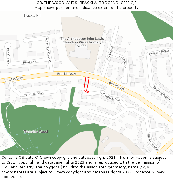 33, THE WOODLANDS, BRACKLA, BRIDGEND, CF31 2JF: Location map and indicative extent of plot