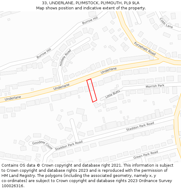 33, UNDERLANE, PLYMSTOCK, PLYMOUTH, PL9 9LA: Location map and indicative extent of plot