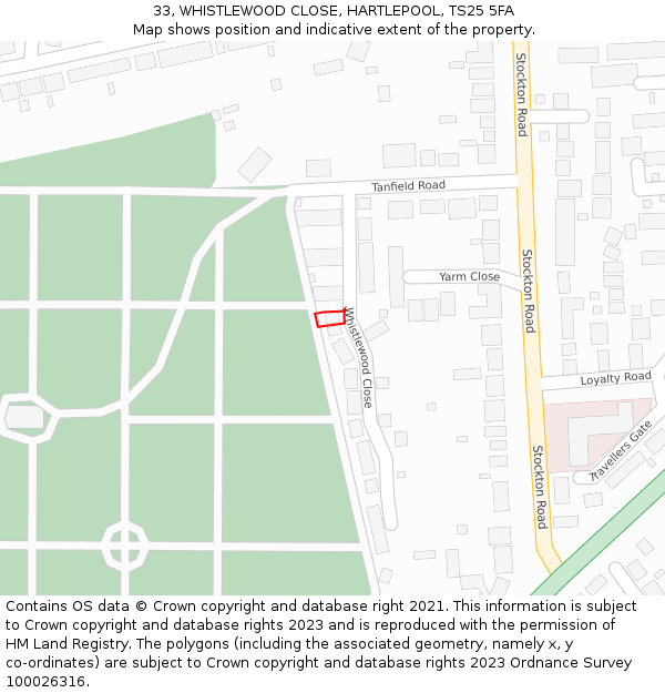 33, WHISTLEWOOD CLOSE, HARTLEPOOL, TS25 5FA: Location map and indicative extent of plot