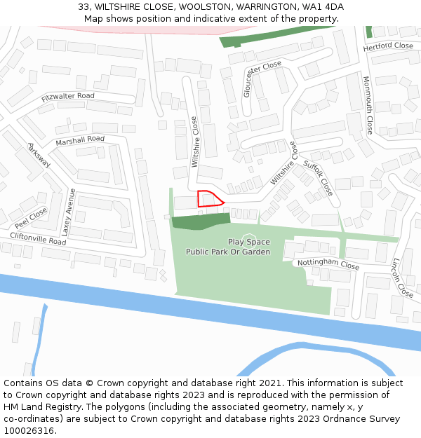 33, WILTSHIRE CLOSE, WOOLSTON, WARRINGTON, WA1 4DA: Location map and indicative extent of plot