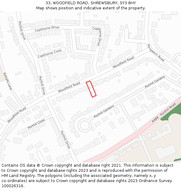 33, WOODFIELD ROAD, SHREWSBURY, SY3 8HY: Location map and indicative extent of plot