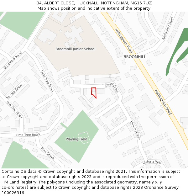 34, ALBERT CLOSE, HUCKNALL, NOTTINGHAM, NG15 7UZ: Location map and indicative extent of plot