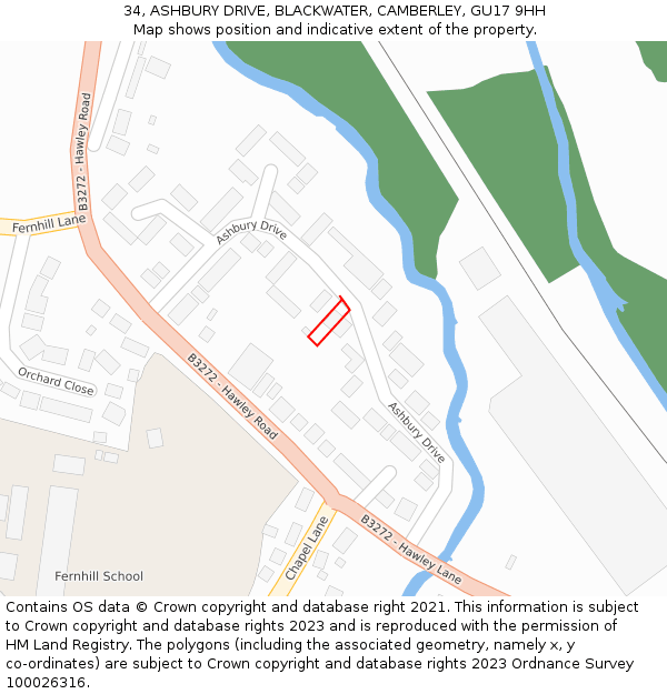 34, ASHBURY DRIVE, BLACKWATER, CAMBERLEY, GU17 9HH: Location map and indicative extent of plot