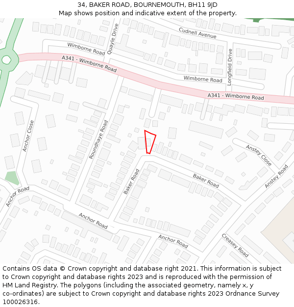 34, BAKER ROAD, BOURNEMOUTH, BH11 9JD: Location map and indicative extent of plot