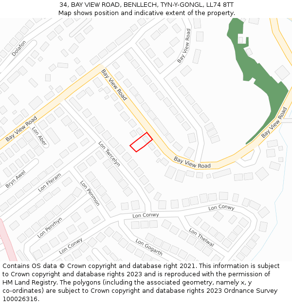 34, BAY VIEW ROAD, BENLLECH, TYN-Y-GONGL, LL74 8TT: Location map and indicative extent of plot