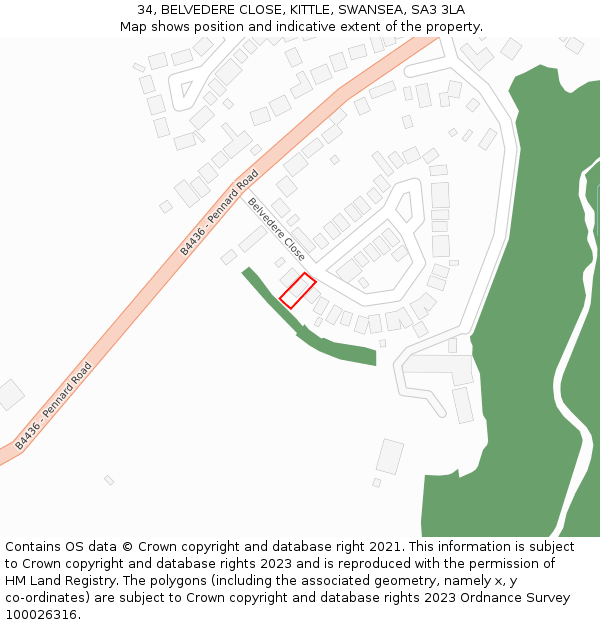 34, BELVEDERE CLOSE, KITTLE, SWANSEA, SA3 3LA: Location map and indicative extent of plot