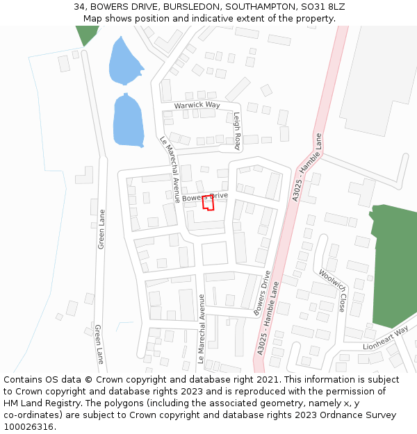 34, BOWERS DRIVE, BURSLEDON, SOUTHAMPTON, SO31 8LZ: Location map and indicative extent of plot