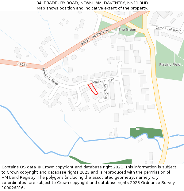 34, BRADBURY ROAD, NEWNHAM, DAVENTRY, NN11 3HD: Location map and indicative extent of plot