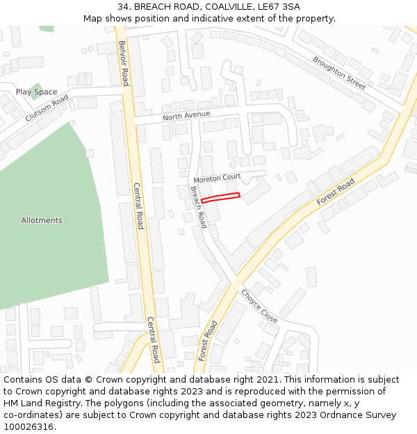 34, BREACH ROAD, COALVILLE, LE67 3SA: Location map and indicative extent of plot