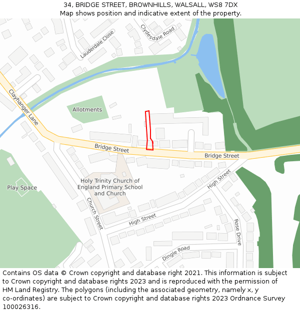 34, BRIDGE STREET, BROWNHILLS, WALSALL, WS8 7DX: Location map and indicative extent of plot