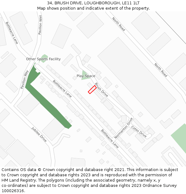 34, BRUSH DRIVE, LOUGHBOROUGH, LE11 1LT: Location map and indicative extent of plot