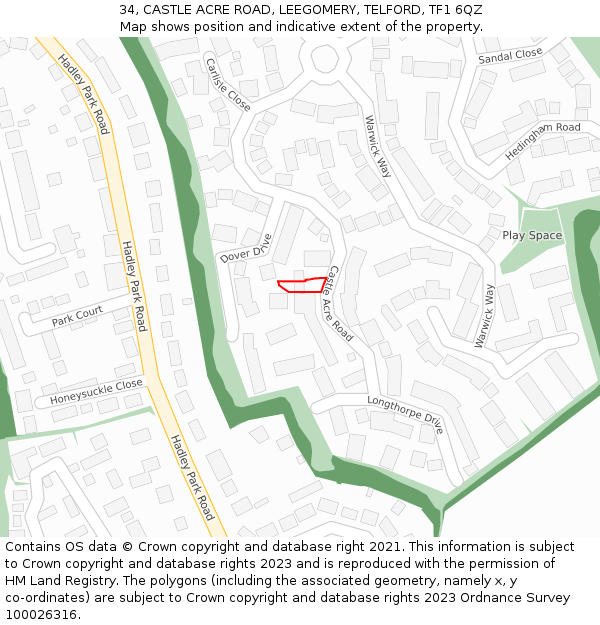 34, CASTLE ACRE ROAD, LEEGOMERY, TELFORD, TF1 6QZ: Location map and indicative extent of plot