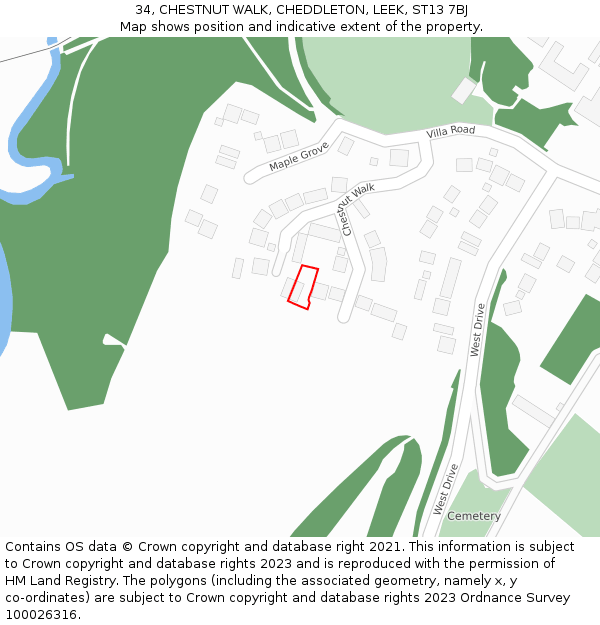 34, CHESTNUT WALK, CHEDDLETON, LEEK, ST13 7BJ: Location map and indicative extent of plot