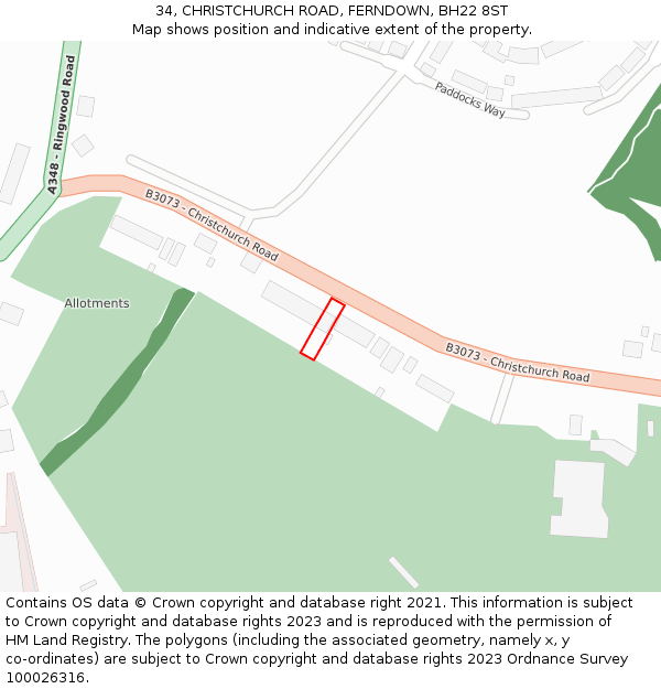 34, CHRISTCHURCH ROAD, FERNDOWN, BH22 8ST: Location map and indicative extent of plot