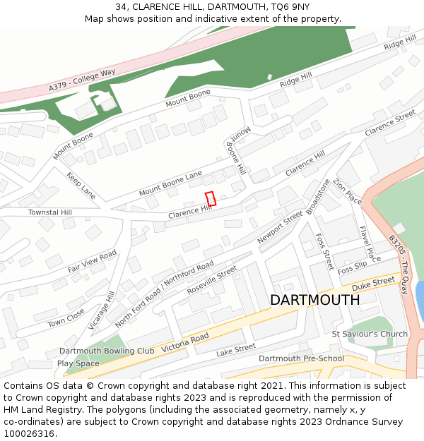 34, CLARENCE HILL, DARTMOUTH, TQ6 9NY: Location map and indicative extent of plot