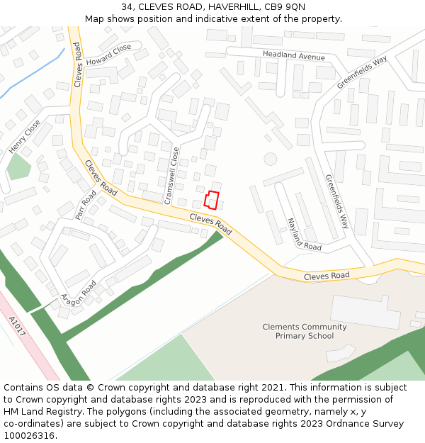 34, CLEVES ROAD, HAVERHILL, CB9 9QN: Location map and indicative extent of plot