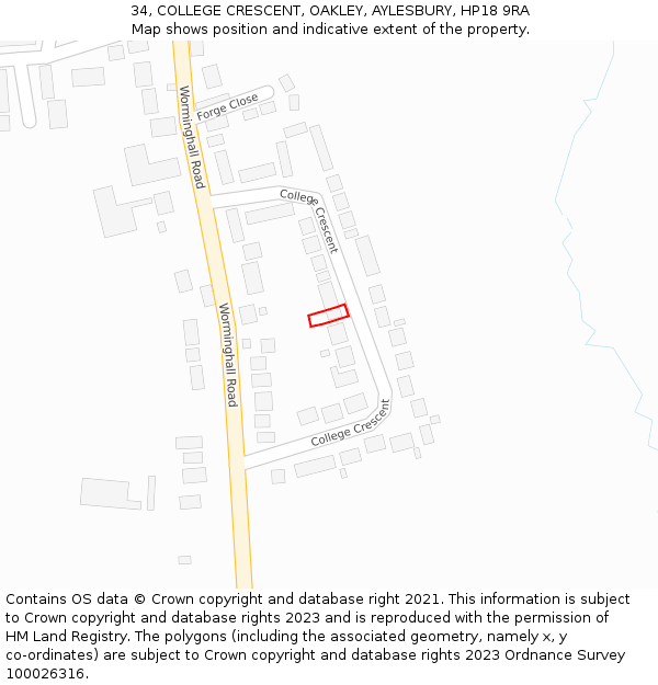 34, COLLEGE CRESCENT, OAKLEY, AYLESBURY, HP18 9RA: Location map and indicative extent of plot