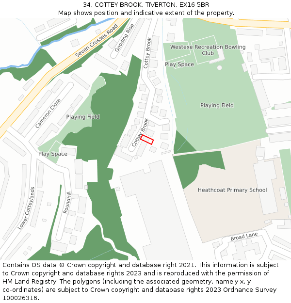 34, COTTEY BROOK, TIVERTON, EX16 5BR: Location map and indicative extent of plot