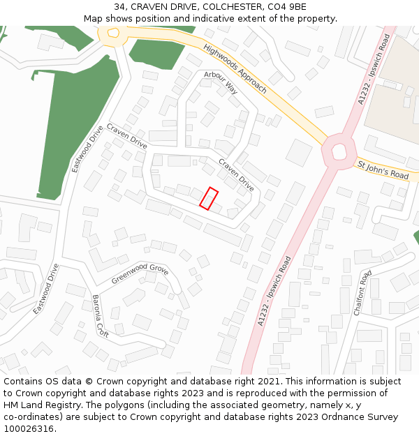 34, CRAVEN DRIVE, COLCHESTER, CO4 9BE: Location map and indicative extent of plot