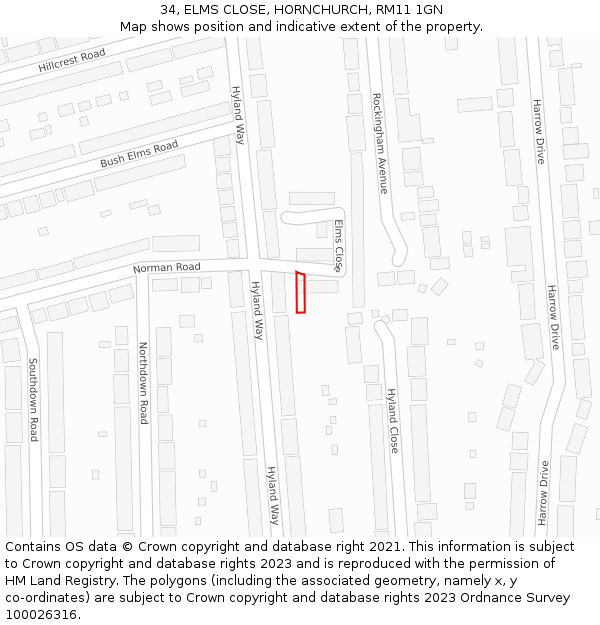 34, ELMS CLOSE, HORNCHURCH, RM11 1GN: Location map and indicative extent of plot