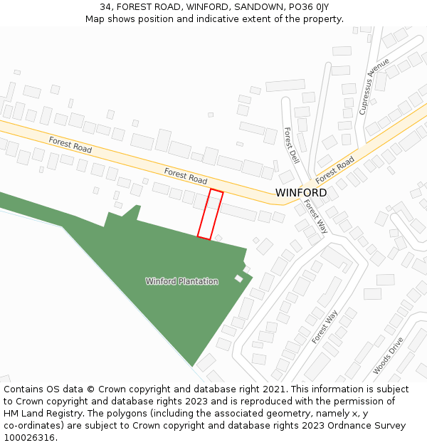 34, FOREST ROAD, WINFORD, SANDOWN, PO36 0JY: Location map and indicative extent of plot