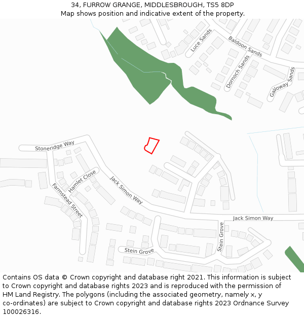 34, FURROW GRANGE, MIDDLESBROUGH, TS5 8DP: Location map and indicative extent of plot