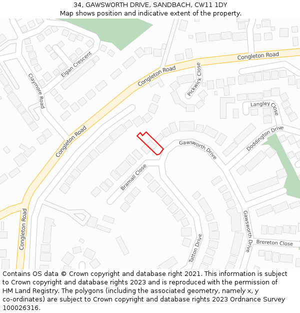 34, GAWSWORTH DRIVE, SANDBACH, CW11 1DY: Location map and indicative extent of plot