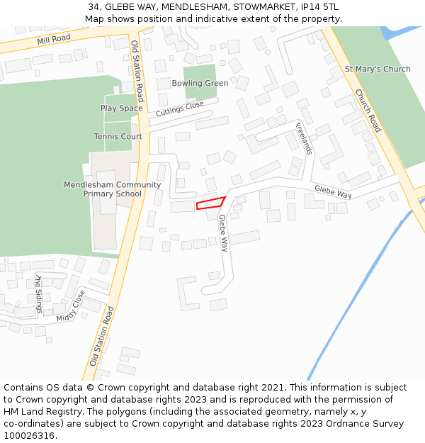 34, GLEBE WAY, MENDLESHAM, STOWMARKET, IP14 5TL: Location map and indicative extent of plot