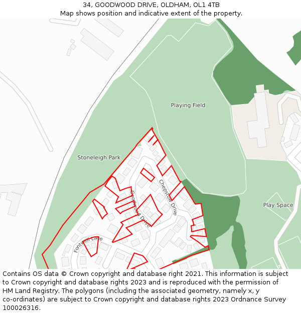 34, GOODWOOD DRIVE, OLDHAM, OL1 4TB: Location map and indicative extent of plot