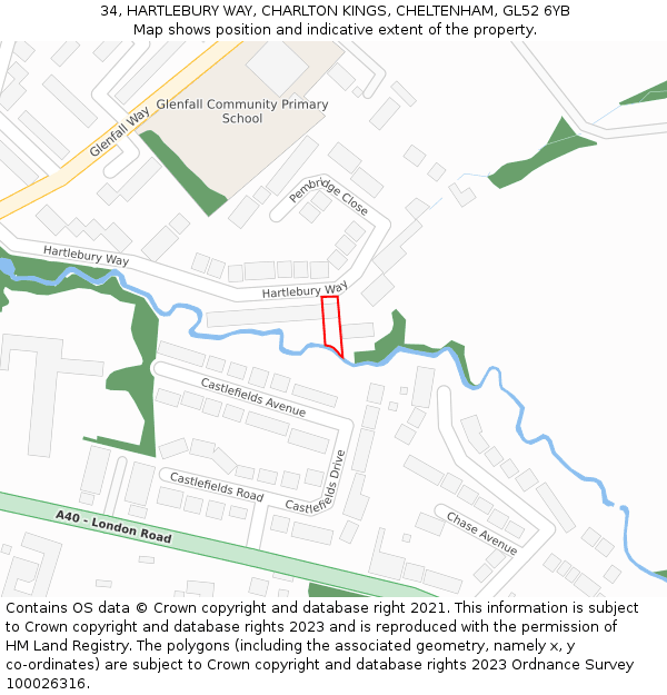 34, HARTLEBURY WAY, CHARLTON KINGS, CHELTENHAM, GL52 6YB: Location map and indicative extent of plot