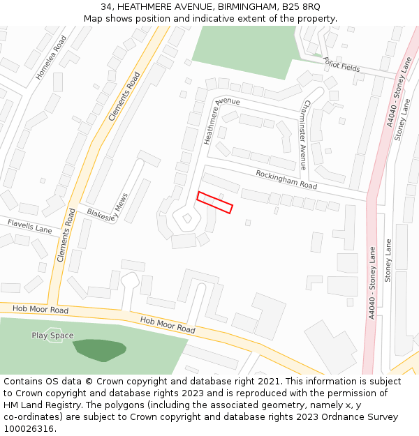 34, HEATHMERE AVENUE, BIRMINGHAM, B25 8RQ: Location map and indicative extent of plot