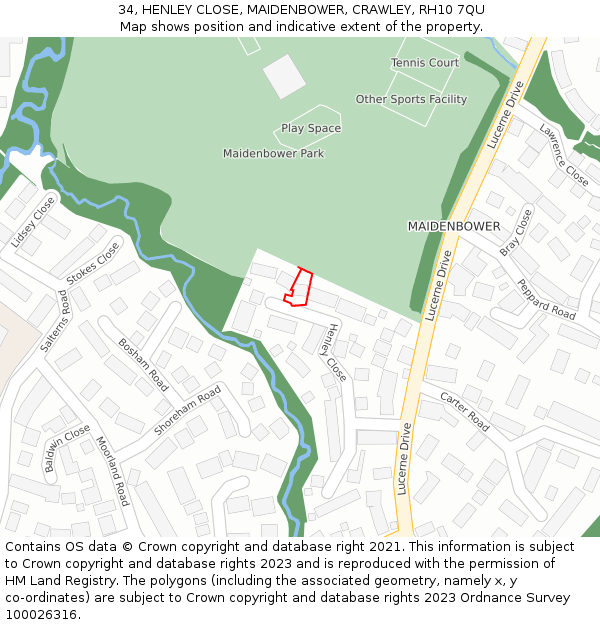 34, HENLEY CLOSE, MAIDENBOWER, CRAWLEY, RH10 7QU: Location map and indicative extent of plot