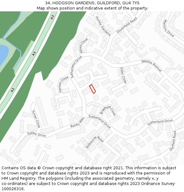 34, HODGSON GARDENS, GUILDFORD, GU4 7YS: Location map and indicative extent of plot