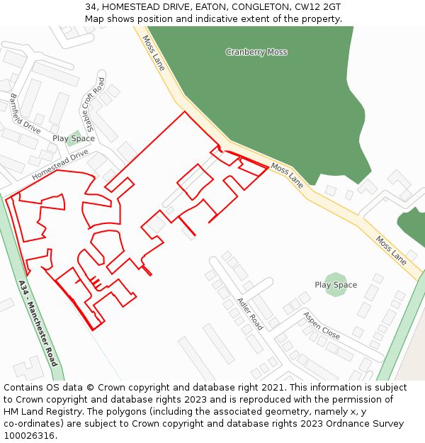 34, HOMESTEAD DRIVE, EATON, CONGLETON, CW12 2GT: Location map and indicative extent of plot