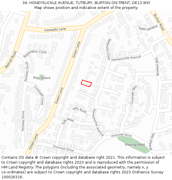 34, HONEYSUCKLE AVENUE, TUTBURY, BURTON-ON-TRENT, DE13 9NY: Location map and indicative extent of plot