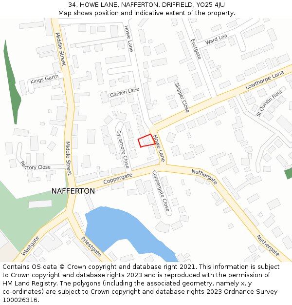 34, HOWE LANE, NAFFERTON, DRIFFIELD, YO25 4JU: Location map and indicative extent of plot