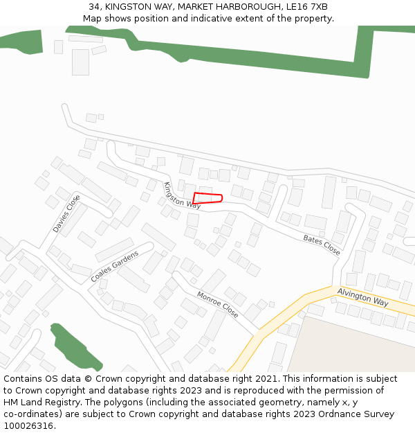 34, KINGSTON WAY, MARKET HARBOROUGH, LE16 7XB: Location map and indicative extent of plot