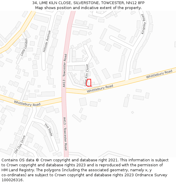 34, LIME KILN CLOSE, SILVERSTONE, TOWCESTER, NN12 8FP: Location map and indicative extent of plot