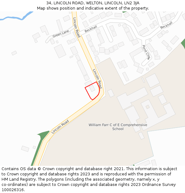 34, LINCOLN ROAD, WELTON, LINCOLN, LN2 3JA: Location map and indicative extent of plot